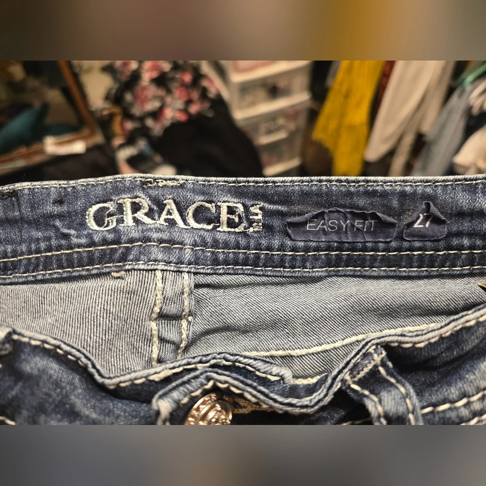 Grace in LA Women's Dark Blue Embroidered Boot Cut Jeans - Picture 3 of 12